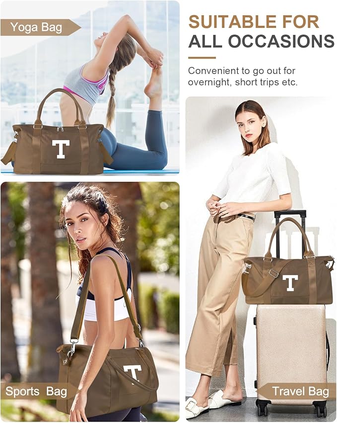 Birthday Graduation Gifts for Daughter,Initial Travel Duffel Bag Sports Gym Bag for Girls Teen Kids Birthday Gifts,Personalized Weekender Bag Carry On Tote Bags Cute Overnight Bag for Women(Brown, T)