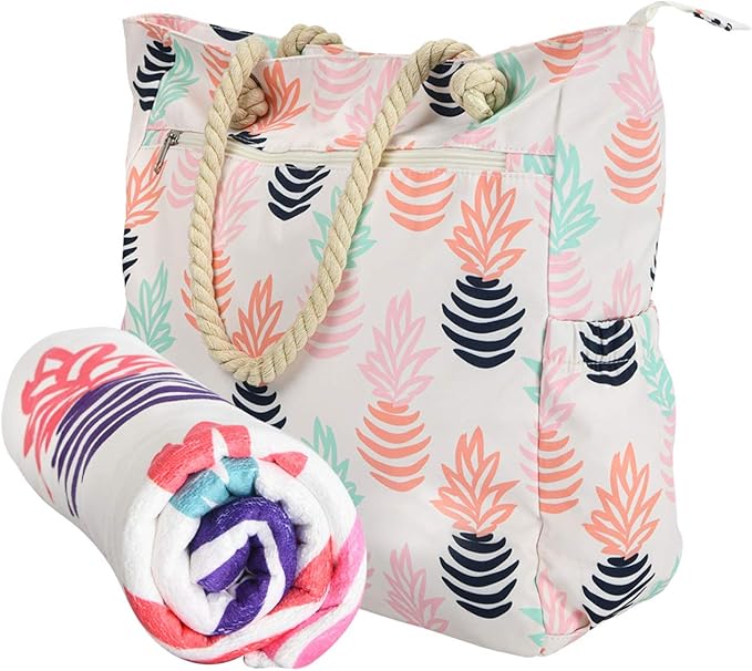 Beach Bag Spacious Shoulder Tote Travel & Gym Bag w/Multiple Pockets & Strong Zipper