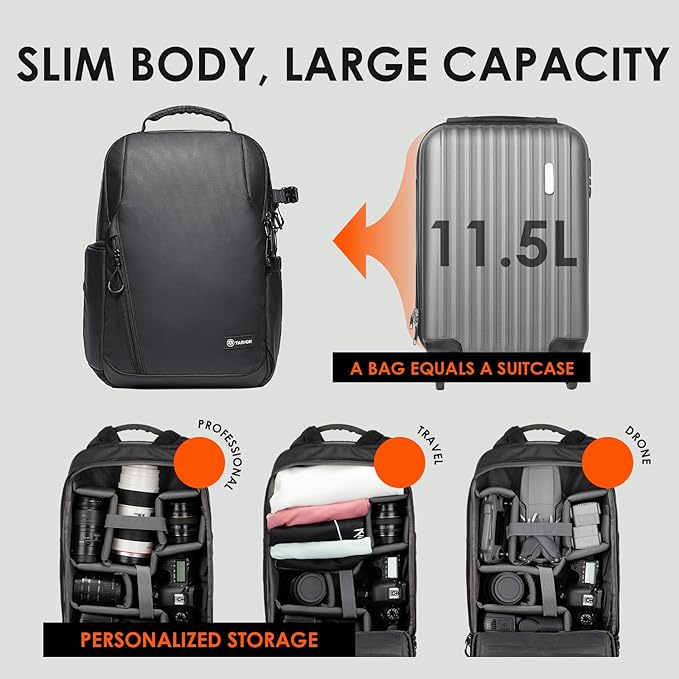 TARION Camera Backpack Waterproof Bag - 12.5L Slim DSLR Backpack with 14'' Laptop Compartment Rain Cover Slim Photography Bag for Men Women Photographers for DSLR SLR Lens Black TRL