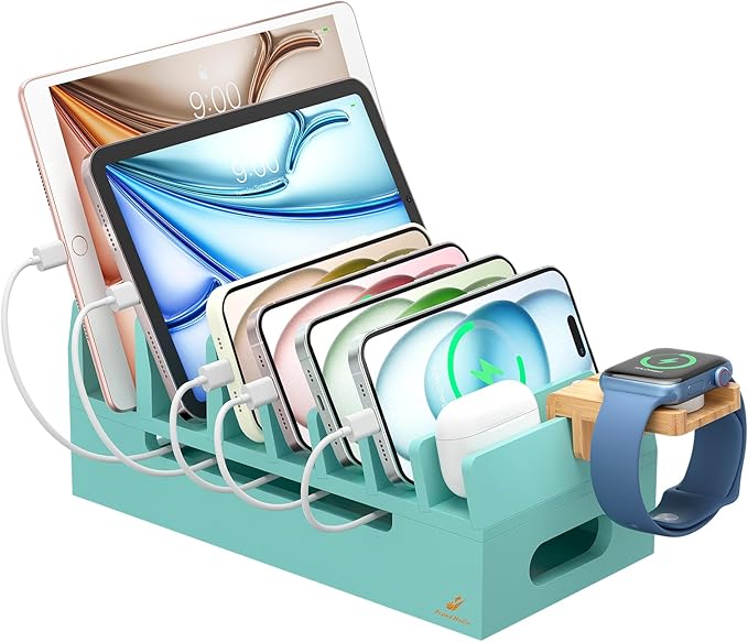 Pezin & Hulin Bamboo Charging Station with Watch Stand, Docking Holder for Multi Device with 5 Charge Cables, Desktop Dock Stations Electronic Organizer for Cellphone, Tablet, Watch-Teal