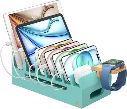 Pezin & Hulin Bamboo Charging Station with Watch Stand, Docking Holder for Multi Device with 5 Charge Cables, Desktop Dock Stations Electronic Organizer for Cellphone, Tablet, Watch-Teal