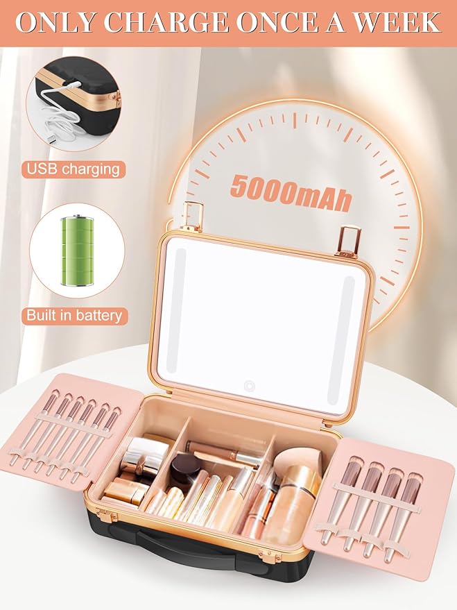 Kalolary Travel Makeup Train Cases with Lighted Mirror 3 Color Setting, Makeup Bag Cosmetic Case Organizer Adjustable Brightness Portable Makeup Storage Box For Makeup Brushes Accessories Tools,Black