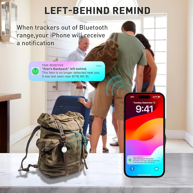 Smart Tracker Tags, Bluetooth Luggage Tracker with Keychain, Compatible with iOS Find My app, Item Locator for Key, Wallet, Suitcase, Bags, IP67 Waterproof, Battery Include