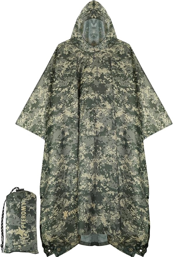 PTEROMY Hooded Rain Poncho for Adult with Pocket, Waterproof Lightweight Unisex Raincoat for Hiking Camping Emergency