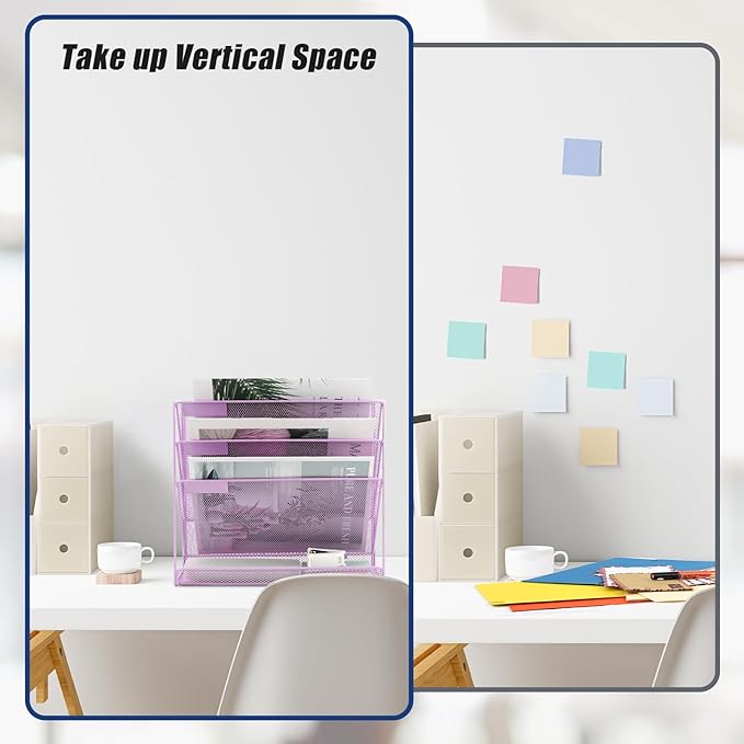 EASEPRES Desk File Organizer Mesh 4-Tier, Hanging Wall Mount Document Organization Stand, Desktop Vertical Mail Paper Folder Holder Rack with Bottom Tray for Office Home Cubicle, Light Purple