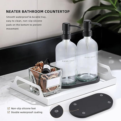 Glass Soap Dispenser - Dish Hand Soap Dispenser for Kitchen, Bathroom Soap Lotion Dispenser with 304 Rust Proof Pump, Tray, Clear Bottle/Black Pump