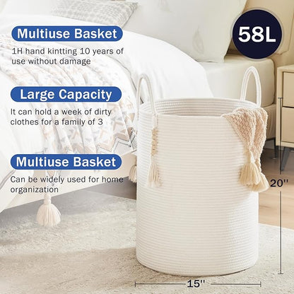 Fiona's magic Woven Rope Laundry Hamper, Tall Laundry Basket for Blanket Storage, Large Dirty Clothes Hamper for Toys, Decorative Baby Nursery Hamper for Bedroom, Living Room - White, 58L