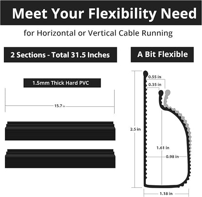 Cable Management Under Desk (31.5in J Channel 2x15.7in) Self Adhesive Cable Raceways Channel, Easy to Install Cord Cover Hider Desk Cord Organizer Electrical Black