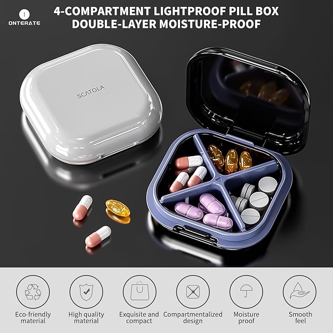 Small Pill Case, Travel Pill Box, Portable Pill Organizer, Pill Container for Pocket 4 Compartments, Daily Compact Travel Medicine Holder for Vitamins Medication (Blue)