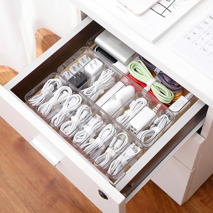 Yesesion 2 Pack Plastic Cable Management Box with Removable Dividers, Clear Cord Storage Organizer with 20 Wire Ties for Desk Drawer, Office Supplies, Electronic Accessories, Battery, Phone Charger