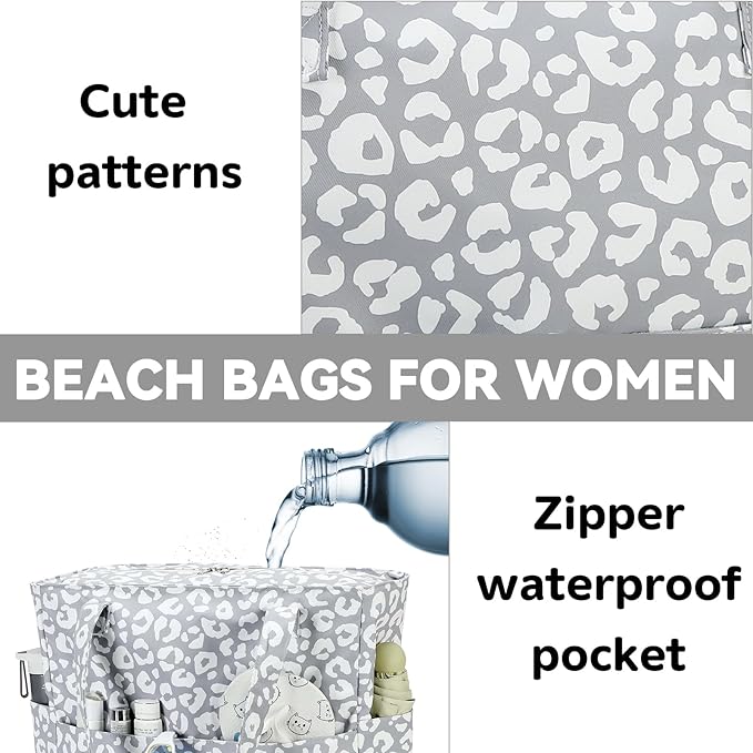 LEDAOU Large Beach Tote Bag Women Waterproof Sandproof Zipper Beach Tote Bag for Pool Gym Grocery Travel with Wet Pocket