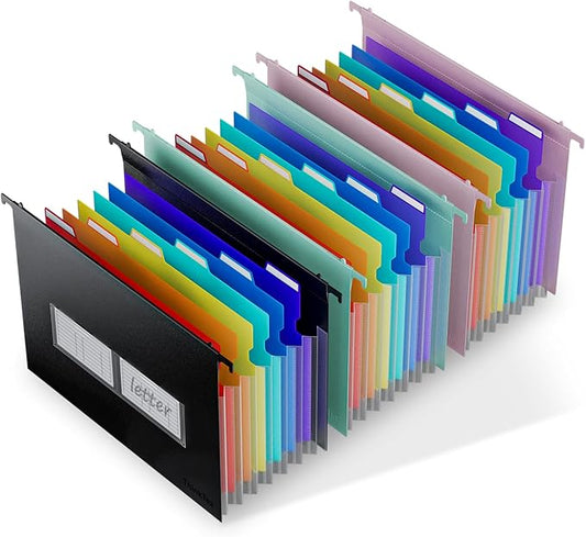 ThinkTex Plastic Expanding Hanging File Folders, 7 Innovative 1.2" Accordion Pockets, Large Capacity, Multi-Color Tabs, Letter Size for Filing Cabinet - 3 Packs 3 Colors