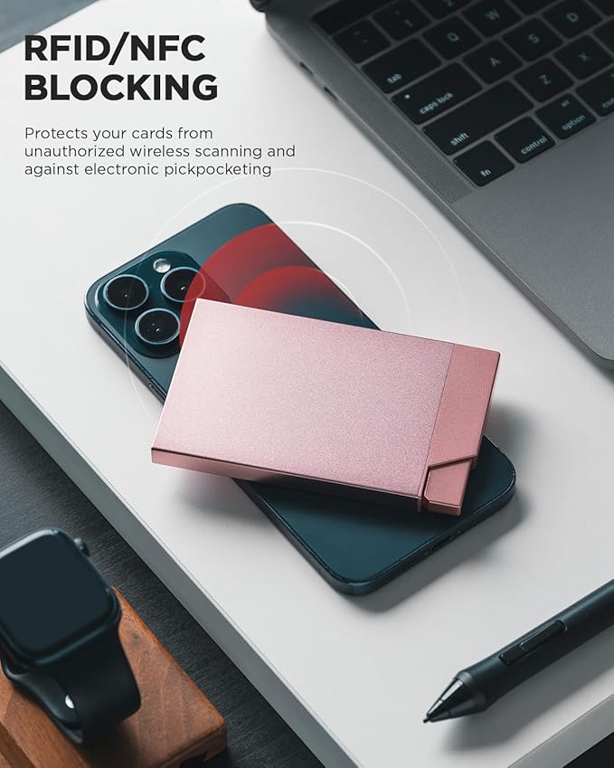 VULKIT Pop up Card Holder Minimalist Credit Card Holder RFID Blocking Slim Metal Card Case for Men or Women(Rose Gold)