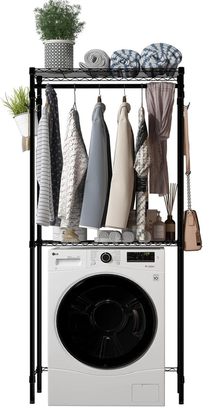 Xiofio Washer and Dryer Storage Shelf,Clothes Drying Rack,2 Tier Adjustable Height Storage Shelving with 2 Side Hook Laundry Shelves Used for Bathroom, Bedroom,Balcony,Black