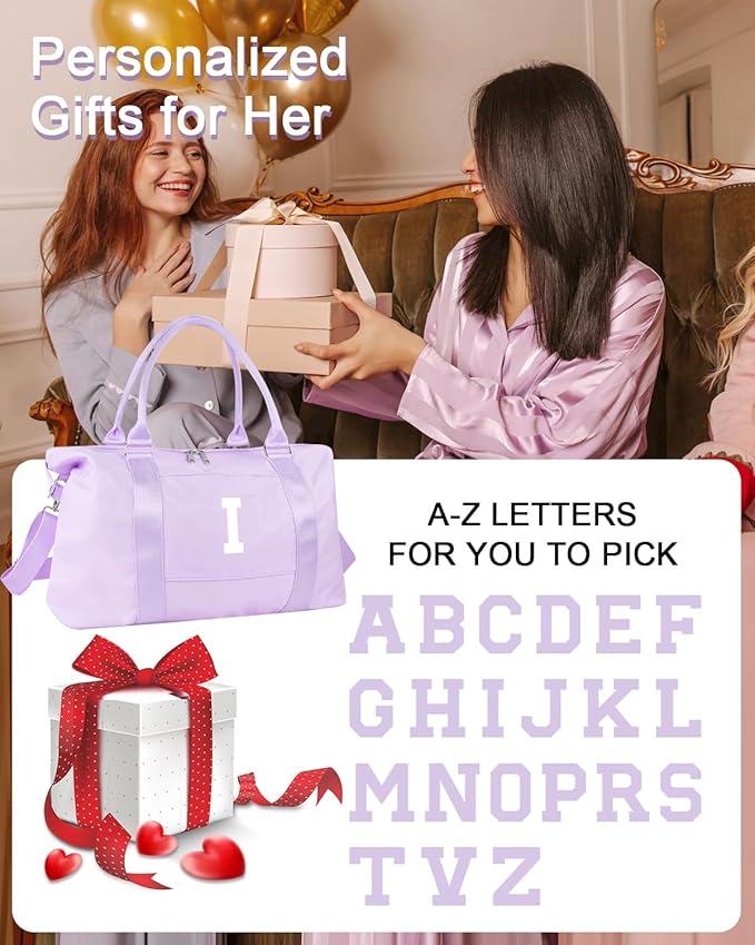 Daughter Niece Gifts for Teen Girl Kids, Initial Travel Duffel Bag Sports Gym Bag Personalized Gifts Weekender Bag，Monogram Overnight Bag Cute Dance Bag Birthday Bridesmaid Gifts for Women(Purple, I)