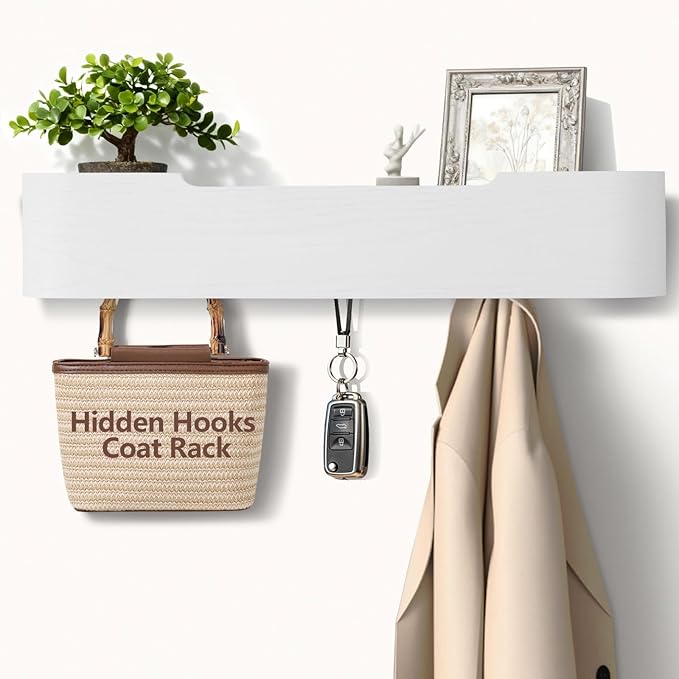 Coat Rack Wall Mount with Hidden Hooks Modern Key Holder Wood Entryway Hook with Shelf for Bedroom Kitchen Hallway Bathroom Designed for Hanging Coats Hats Bags Towels Dog Leashe(White,5 Hooks)