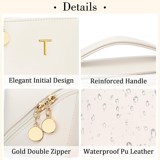 Birthday Gifts for Women Teen Girl, Personalized Initial Makeup Organizer Bag Set, Open Flat Travel Cosmetic Bag With Clear Divider and Handle(Beige,T)