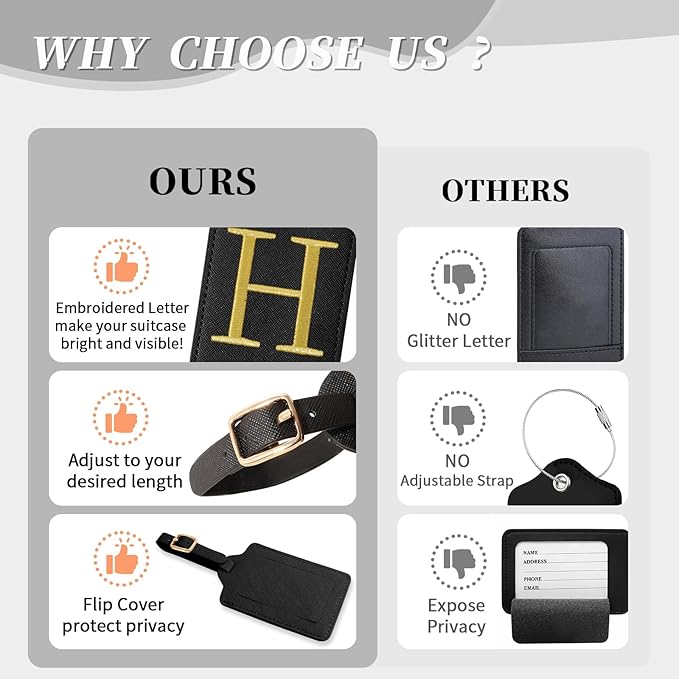 Personalized Initial Luggage Tags for Suitcase TSA Approved, Black Leather Cute Luggage Tag with Privacy Cover Name Card, Embroidered Custom Luggage Tags Travel Backpack Tags Gifts for Women Kids(H)