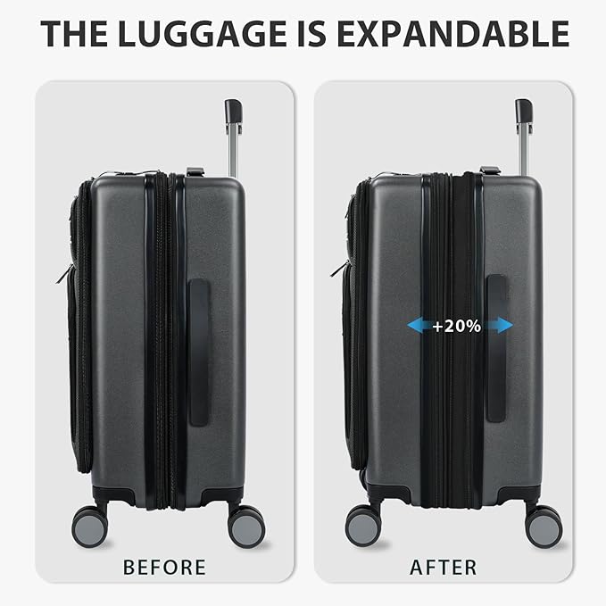 KROSER Hardside Expandable Carry On Luggage 22x14x9 Airline Approved With Front Business Pockets, 20 Inch Suitcases with Wheels, Carry on Suitcase with TSA Lock & USB Port, Steel Grey