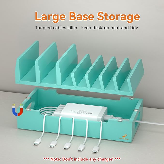 Pezin & Hulin Bamboo Charging Station with Watch Stand, Docking Holder for Multi Device with 5 Charge Cables, Desktop Dock Stations Electronic Organizer for Cellphone, Tablet, Watch-Teal