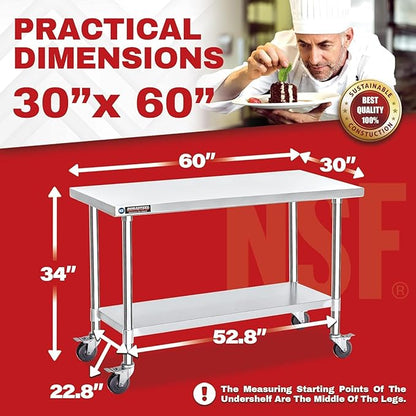 DuraSteel 30x60 NSF Stainless Steel Cart Work Table - Heavy Duty Rolling Food Prep Table Countertop Island - Metal Utility Cart on Wheels Caster, Grill Stand Storage Outdoor Kitchen Tables Bar Top