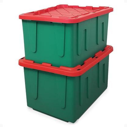 HOMZ 2-Pack Durabilt, Heavy Duty Plastic Storage Bins with Lids, 27 Gallon, Green/Red - Stackable Container Boxes for Holiday, Attic, and Garage Organization