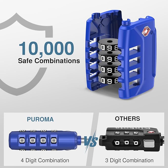 Puroma TSA Approved Luggage Lock, Multicolor 4 Digit Combination Travel Locks Resettable Code Lock 4 Colors with Zinc Alloy Body for Suitcase, Toolbox, Backpack, Bag, Gym Locker (4 Pack)