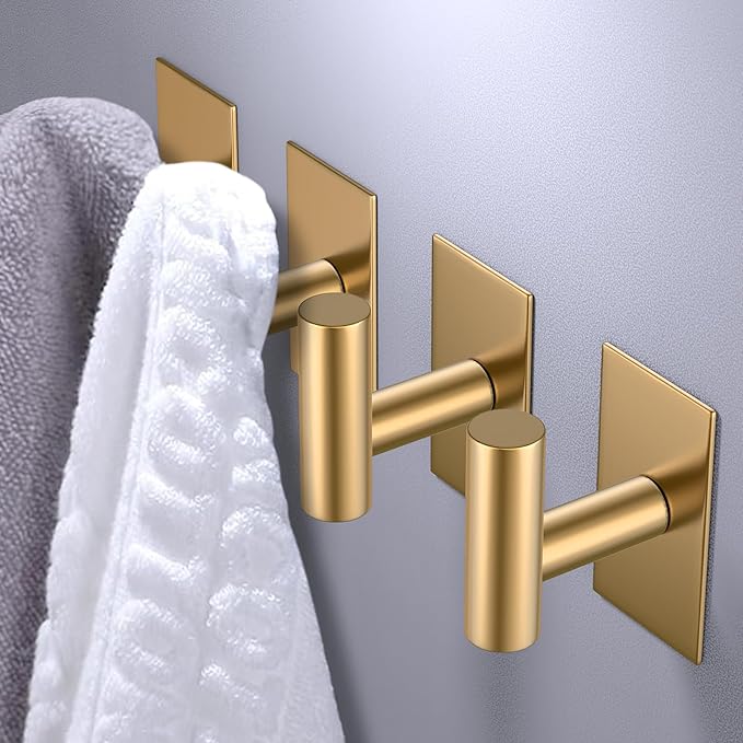 VAEHOLD Wall Towel Hooks, Heavy Duty Sticky Holder Waterproof Towel Hooks for Hanging Coat, Clothes, Closet Hook Wall Mount for Kitchen (Gold, 2 Pack)