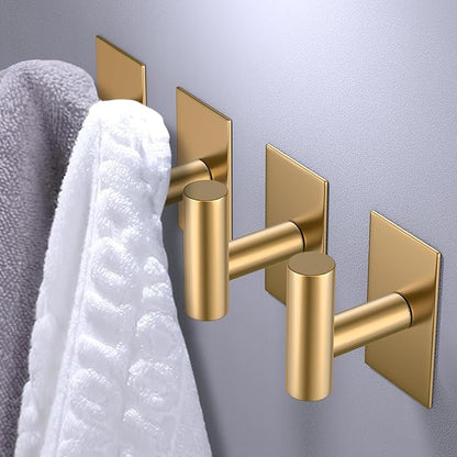 VAEHOLD Wall Towel Hooks, Heavy Duty Sticky Holder Waterproof Towel Hooks for Hanging Coat, Clothes, Closet Hook Wall Mount for Kitchen (Gold, 2 Pack)