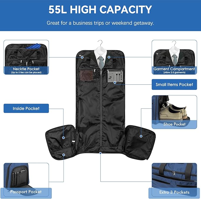Large Garment Bag for Travel, Bukere Convertible Suit Travel Garment Duffel Bag for Men Women Business, Shoe Compartment, Detachable Shoulder Strap, Multi-Function 2 in 1 Weekender Bag, Blue