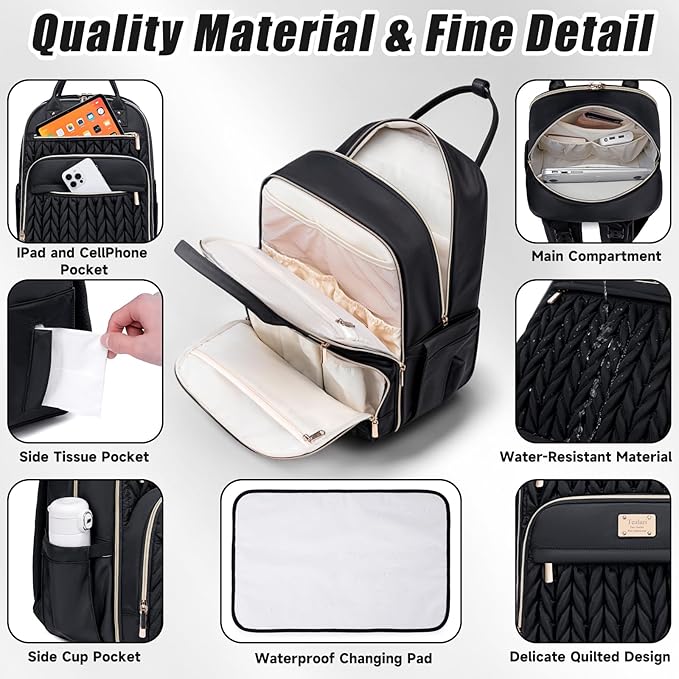 Diaper Bag Backpack,Stylish Baby Diaper Bag,Waterproof Travel Diaper Backpacks Baby Bags with Changing Pad,Stroller Straps,Insulated Pockets (Black)