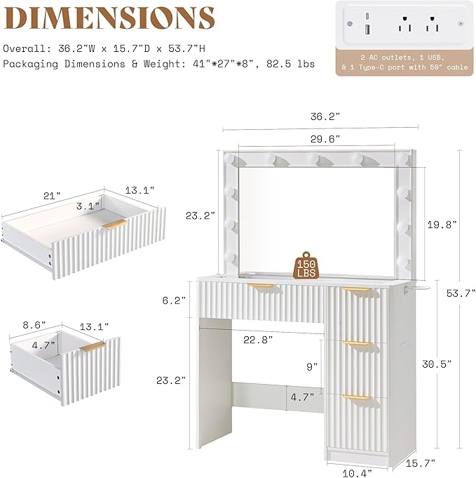 AMERLIFE 36.2" Fluted Vanity Desk with Large Mirror and Adjustable LED Lights, 4 Drawers Makeup Table with Glass Top and Charging Station for Women and Girls, Bedroom or Dorm, White