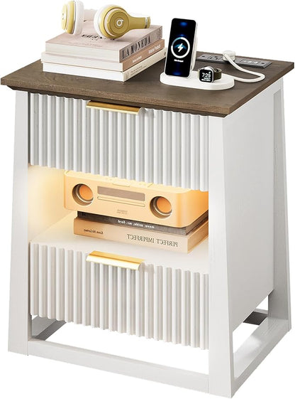 HIFYOBRO Fluted Nightstands with Charging Station & Motion Sensor Light, Modern Bedside Tables with 2 Drawers and Storage Shelf for Bedroom, White