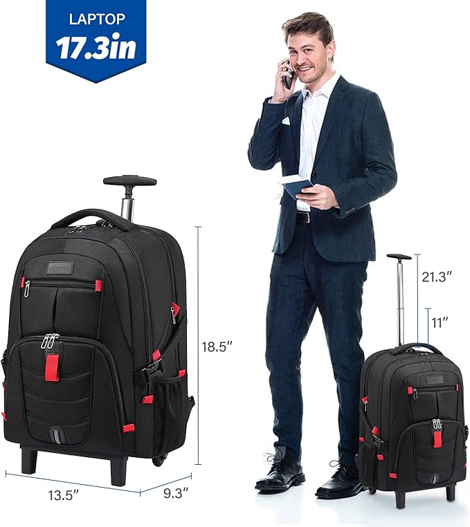 LOVEVOOK Rolling Laptop Backpack with Wheels, Waterproof Travel Carry On Business Backpack for Men, Fits 17 inch (17 inch, Black)