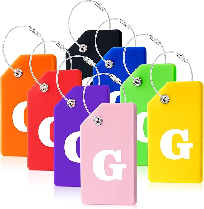 8 Pcs Luggage Tags for Suitcases, 26 Initial Letter Travel Luggage Baggage Identification Labels ID Tags Fully Bendable Tags with Stainless Steel Loop (Letter G, Colorful)