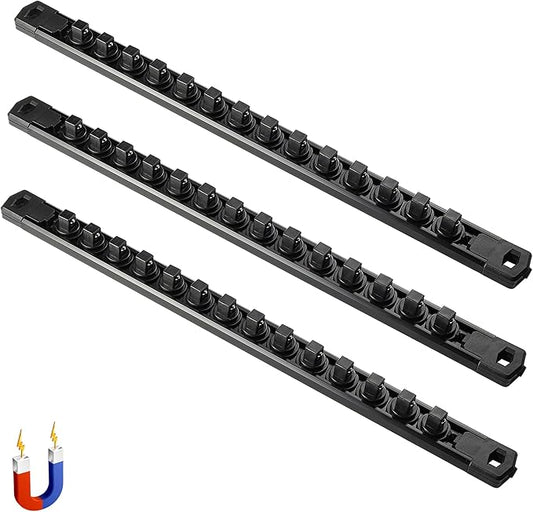 ALOANES 3-Piece Magnetic Socket Organizer, Heavy Duty Aluminum Socket Rails Organizer, 360° Swivel Clips Socket Holder Kit for Tool Box, 3/8-Inch Socket Holder x 42 Clips (Black)