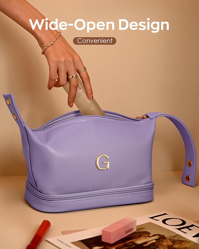 Birthday Gifts, Initial Makeup Bag, Waterproof Double Layer Cosmetic Bag, Large Capacity PU Leather Makeup Bags Letter Travel Toiletry Bag with Makeup Brush Organizer