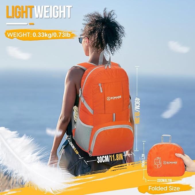 ZOMAKE Lightweight Packable Backpack 35L, Light Foldable Backpacks Water Resistant Collapsible Hiking Bag, Compact Folding Day Pack for Travel Camping(Orange)