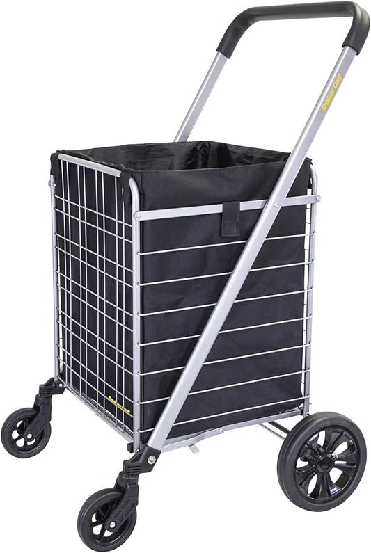 dbest Products Cruiser Cart Deluxe 2 with Liner Bag Bundle Shopping Grocery Rolling Folding Laundry Basket on Wheels Foldable Utility Trolley Compact Lightweight Collapsible
