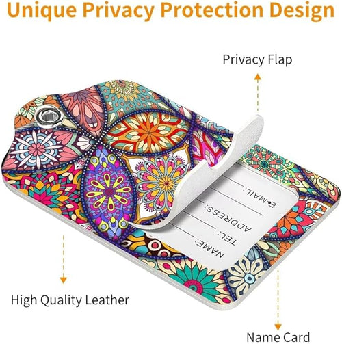 2 Pack Luggage Tag for Suitcase, Cute Unique Leather Bag Tags Identifiers Privacy Cover ID Label with Durable Steel Loop for Women Men Kids Girls Travel, Bohemia