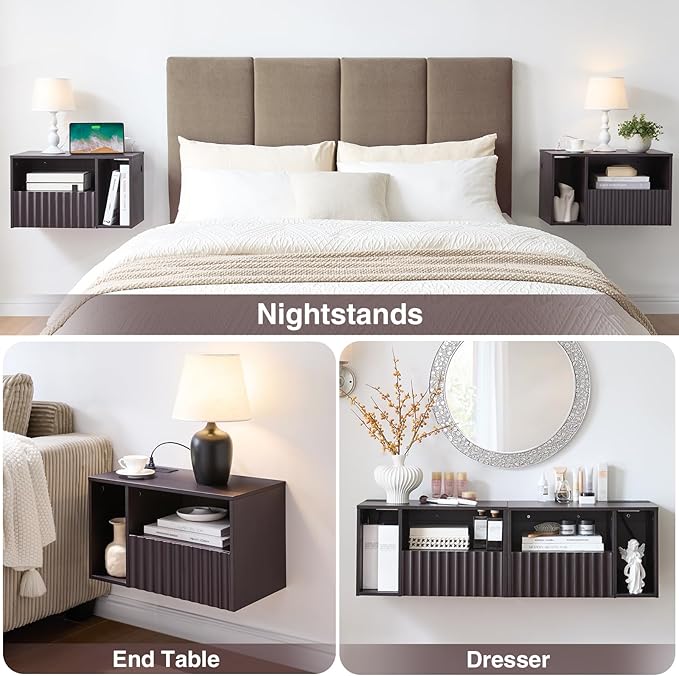 Modern Espresso Fluted Floating Nightstand with Charging Station, NightStand with Drawers, Bedside with USB Ports and Outlets, Bedroom Furniture (Left)