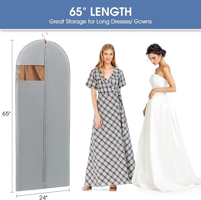 Dress Bags for Gowns, 65'' Long Garment Bags for Hanging Clothes, Dress Garment Bag, Grey Dress Cover with Clear Window for Dresses, Coats, Uniforms - 5 Pack