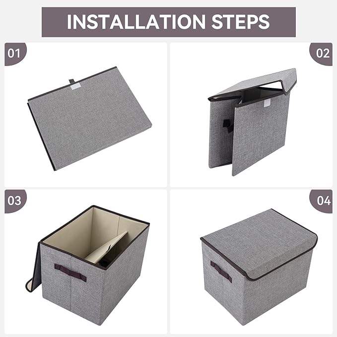 Linen Fabric Foldable Storage Cube Bin Organizer Basket with Flip-Top Lid & Handles, Large Clothes Blanket Box for Home, Office, Closet, Light Gray, 4 Pack 14.6 x 9.5 x 9.5”
