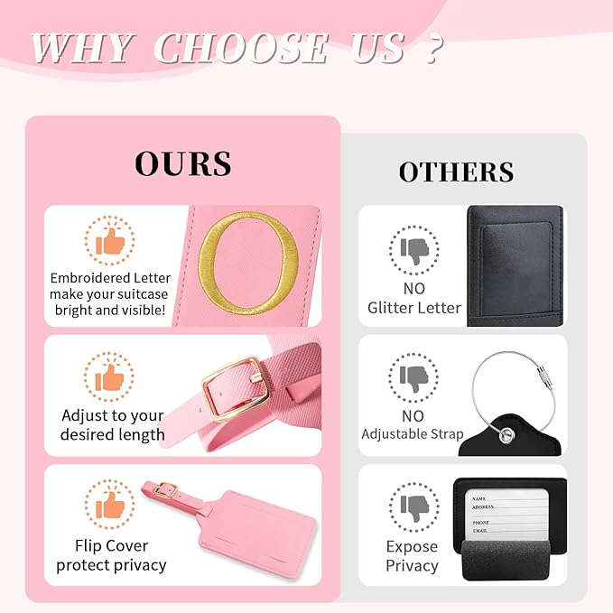Personalized Initial Luggage Tags for Suitcase, Pink Leather Cute Luggage Tags with Privacy Cover Name Card, Embroidered Custom Monogrammed Luggage Tag Travel Bag Baggage Tags Gifts for Women Kids(O)
