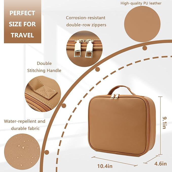 Travel Makeup Bag for Women and Makeup Artists Cosmetic Organizer Large Makeup Case,Travel Makeup Bag with Mirror 3 Color Setting,Portable Storage and Adjustable Dividers(brown)
