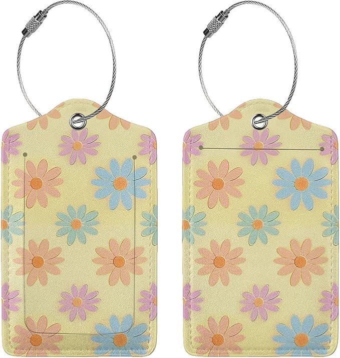 Flowers Leather Luggage Tag with Stainless Steel Ring, Fun Name Id Card Cover Travel Bag Tag Set, Suitable for Travel Bag Luggage Women Men 1 PCS