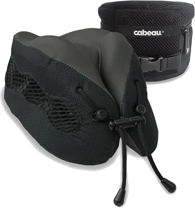 Cabeau Long Haul Flight Cooling Travel Neck Pillow – Evolution Cool – Supportive Memory Foam with Airflow Vents – Compact with Carrying Case (Black)