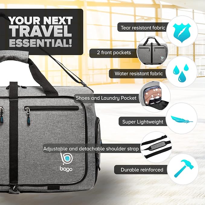 Bago Foldable Duffel Bags for Traveling Women & Men - 60L Medium Packable Duffle Bag for Travel with Shoe Compartment - Water Repellant, Heavy Duty, Lightweight Folding & Collapsible (SnowGray)