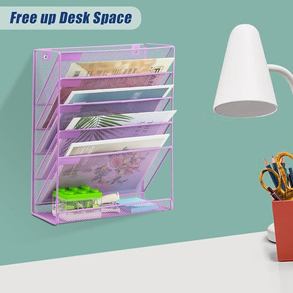EASEPRES Desk File Organizer Mesh 6 Tier, Hanging Wall Mount Document Organization Stand, Desktop Vertical Mail Paper Folder Holder Rack with Bottom Tray for Office Home Cubicle, Light Purple