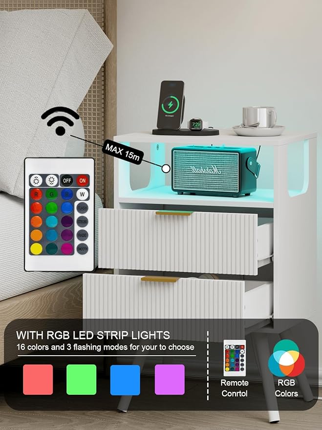 Nightstand with Charging Station and LED Lights, Modern Bedside Table with 2 Storage Drawer and Open Wood Shelf for Bedroom and Small Spaces, Night Stand with Solid Wood Legs